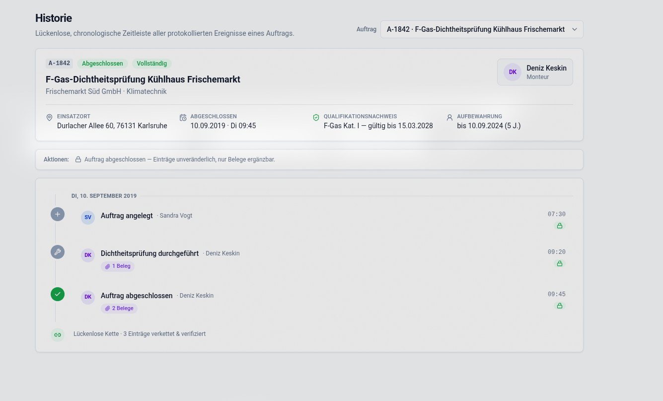 Lückenlose Historie: Die AuditTimeline wird Ereignis für Ereignis mit Zeitstempel und Akteur durchgescrollt.