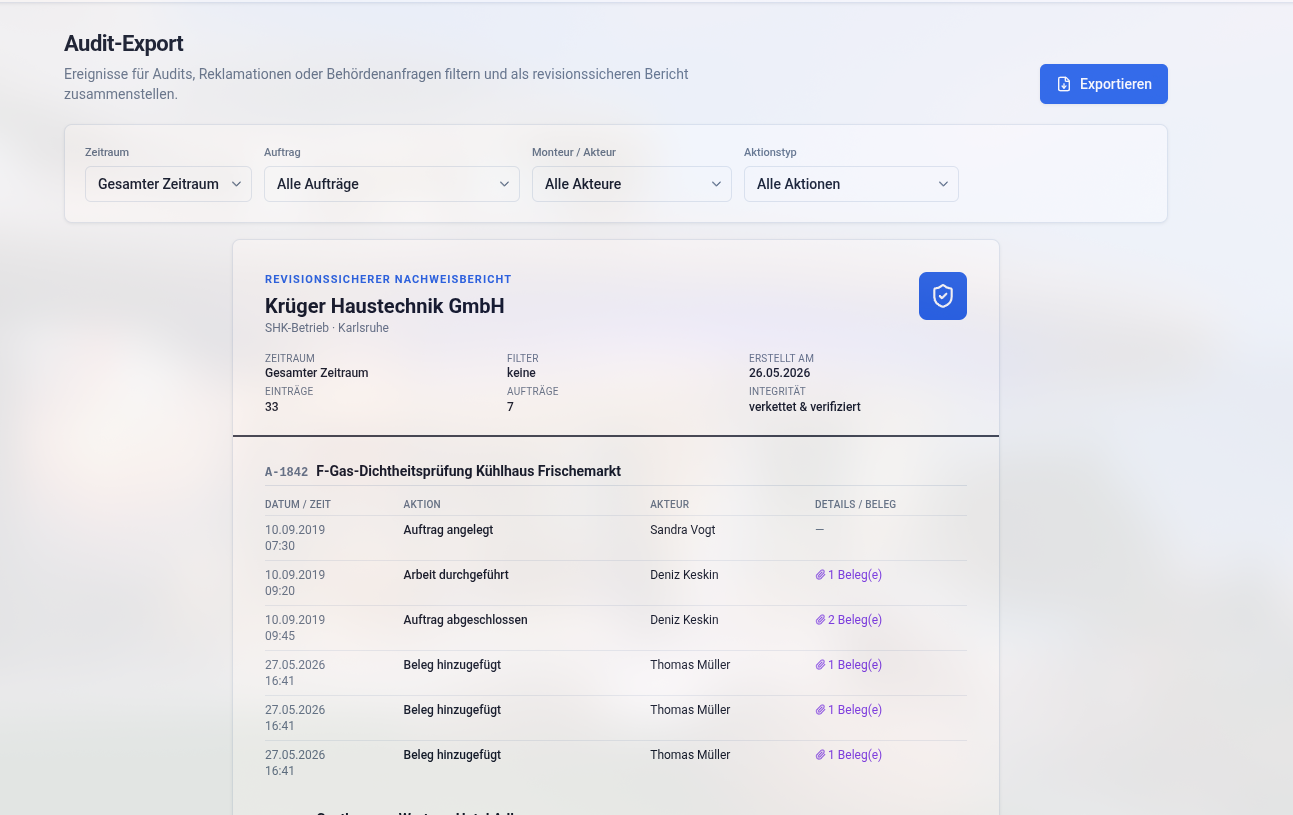 Integrität: Mauszeiger fährt über den IntegrityBadge eines abgeschlossenen Events: grünes Schloss und Tooltip.